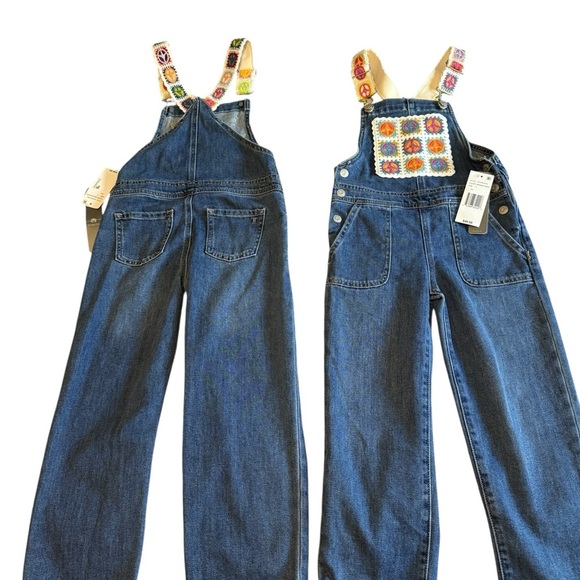 NEW Girls Tractr White Crochet Patch Multi Color Peace ☮️ Denim overalls Indigo - Picture 3 of 16